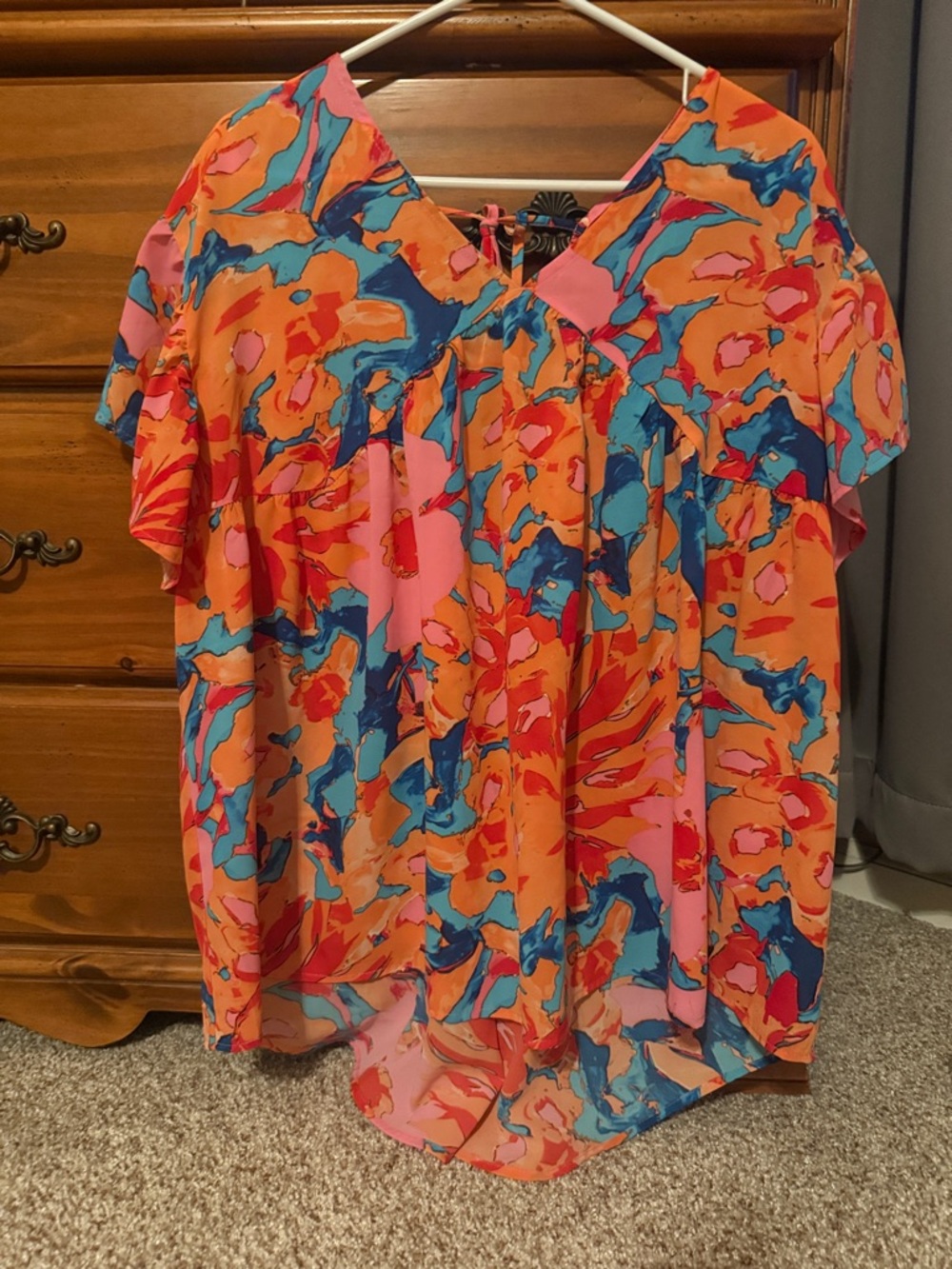 Vibrant Orange Abstract Print Flutter Sleeve Top
